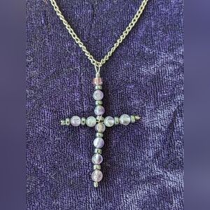 Vintage Cross Pendant Necklace With Natural Amethyst And Hematite